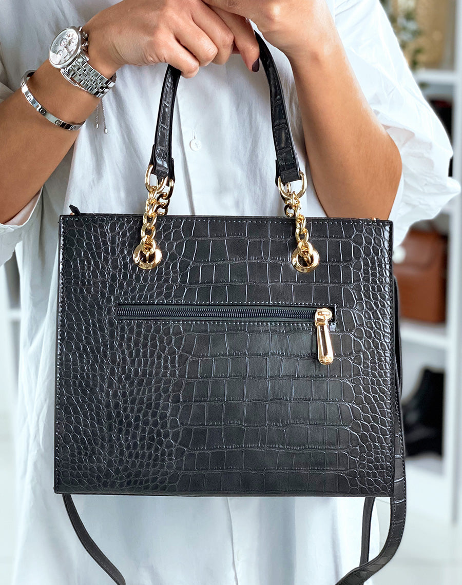 Sac à main gris effet croco à détail doré