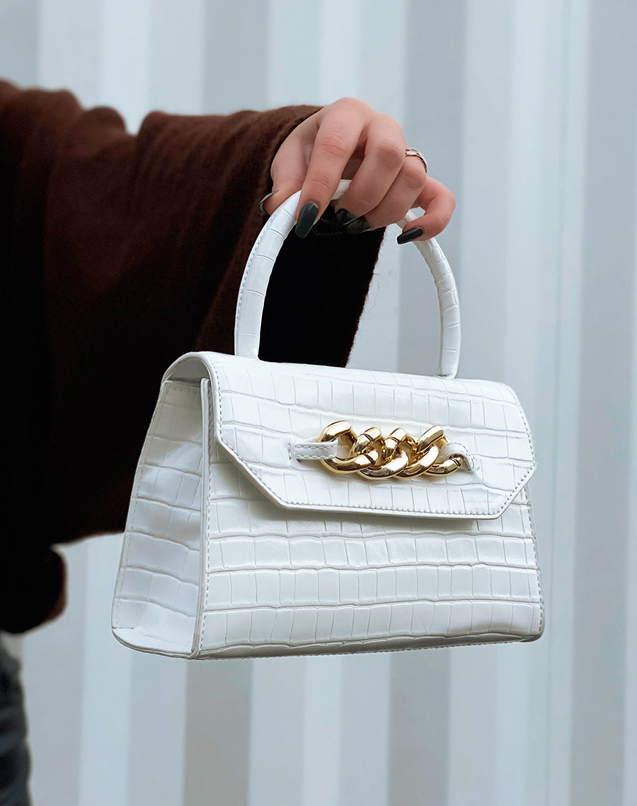 Sac à main mini blanc effet croco à chaîne dorée