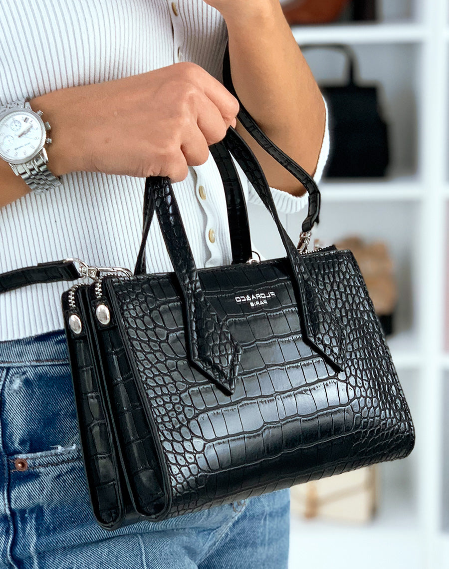 Sac à main mini noir effet croco