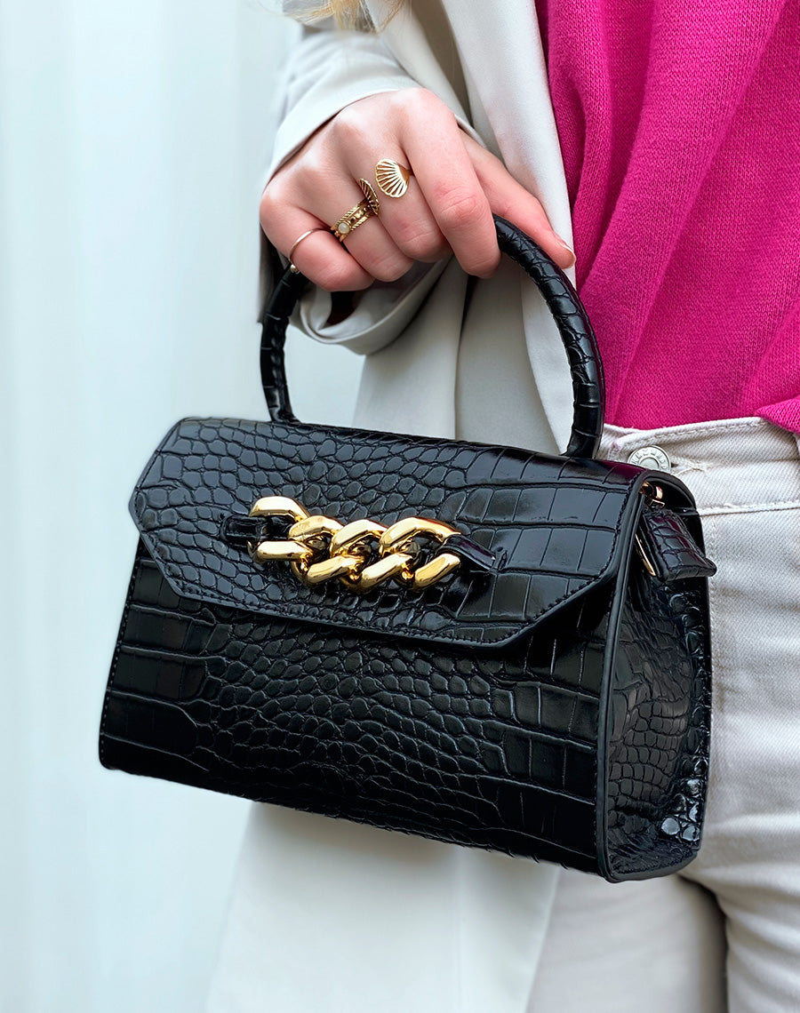 Sac à main mini noir effet croco à chaîne dorée
