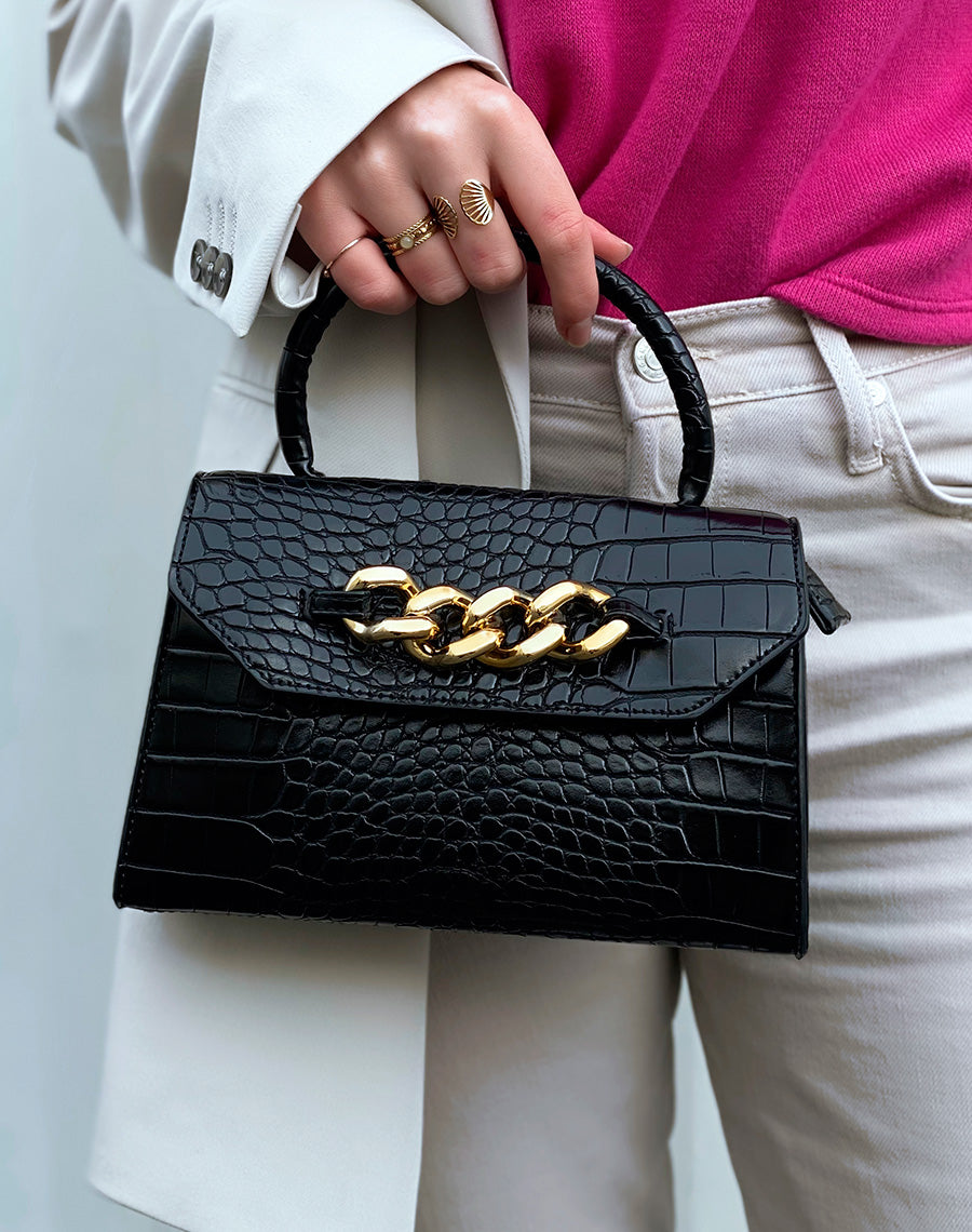 Sac à main mini noir effet croco à chaîne dorée