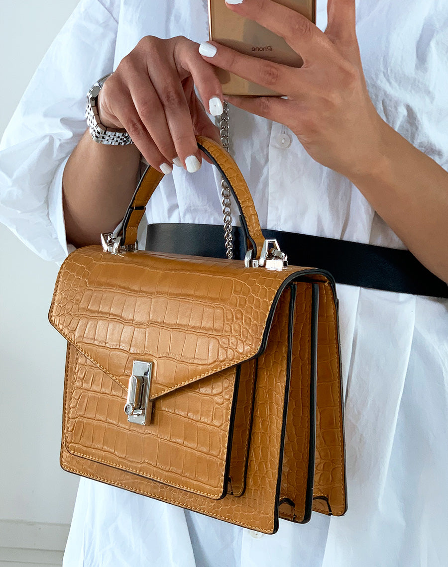 Sac à main moutarde effet croco