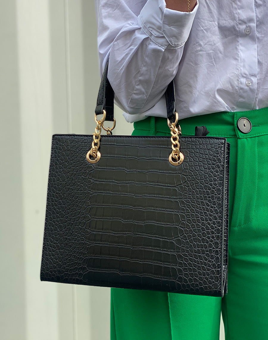 Sac à main noir à détail doré effet croco