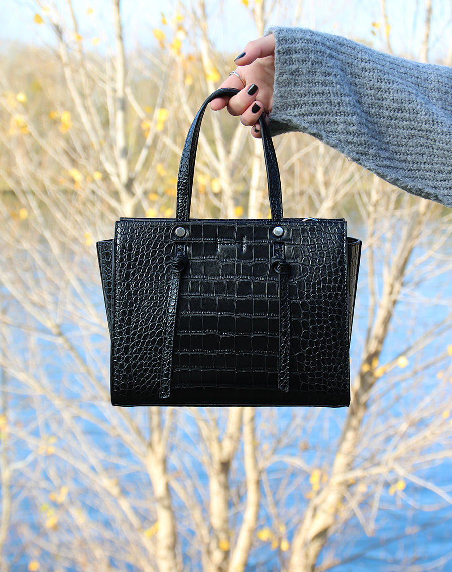 Sac à main noir effet croco