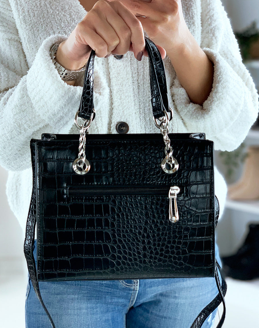 Sac à main noir effet croco à chaînes argentées