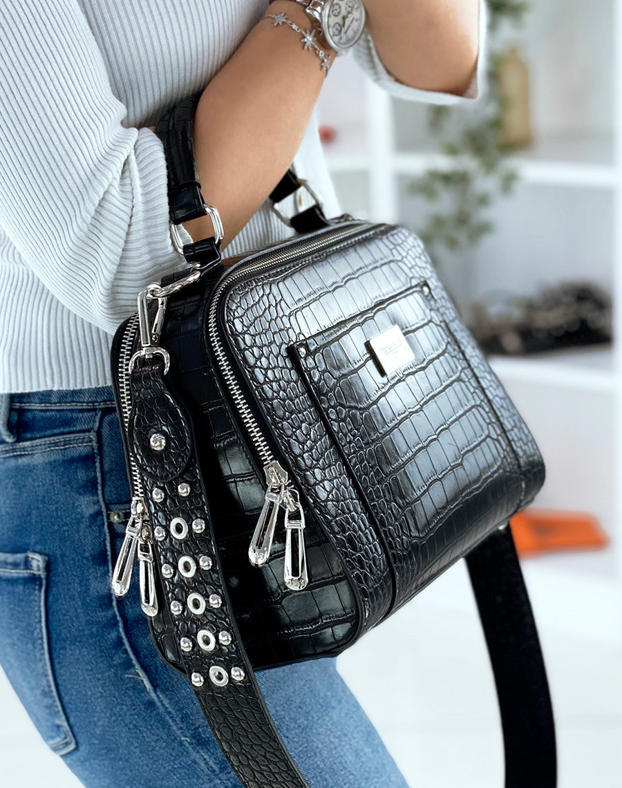 Sac à main noir effet croco à double zip
