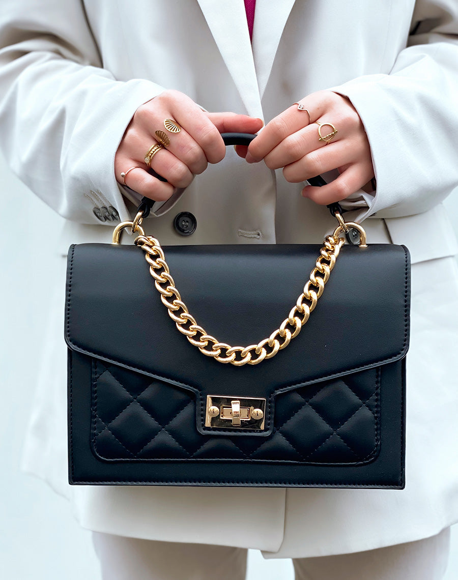 Sac à main noir style cartable à chaîne dorée