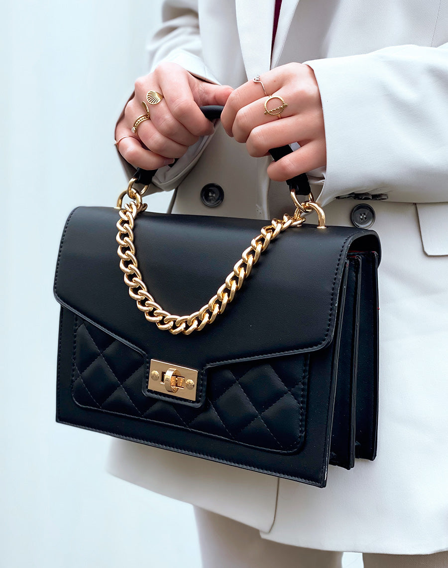 Sac à main noir style cartable à chaîne dorée