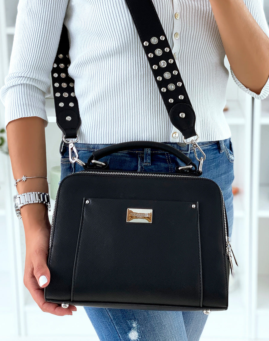 Sac à main noir style cartable à double poche