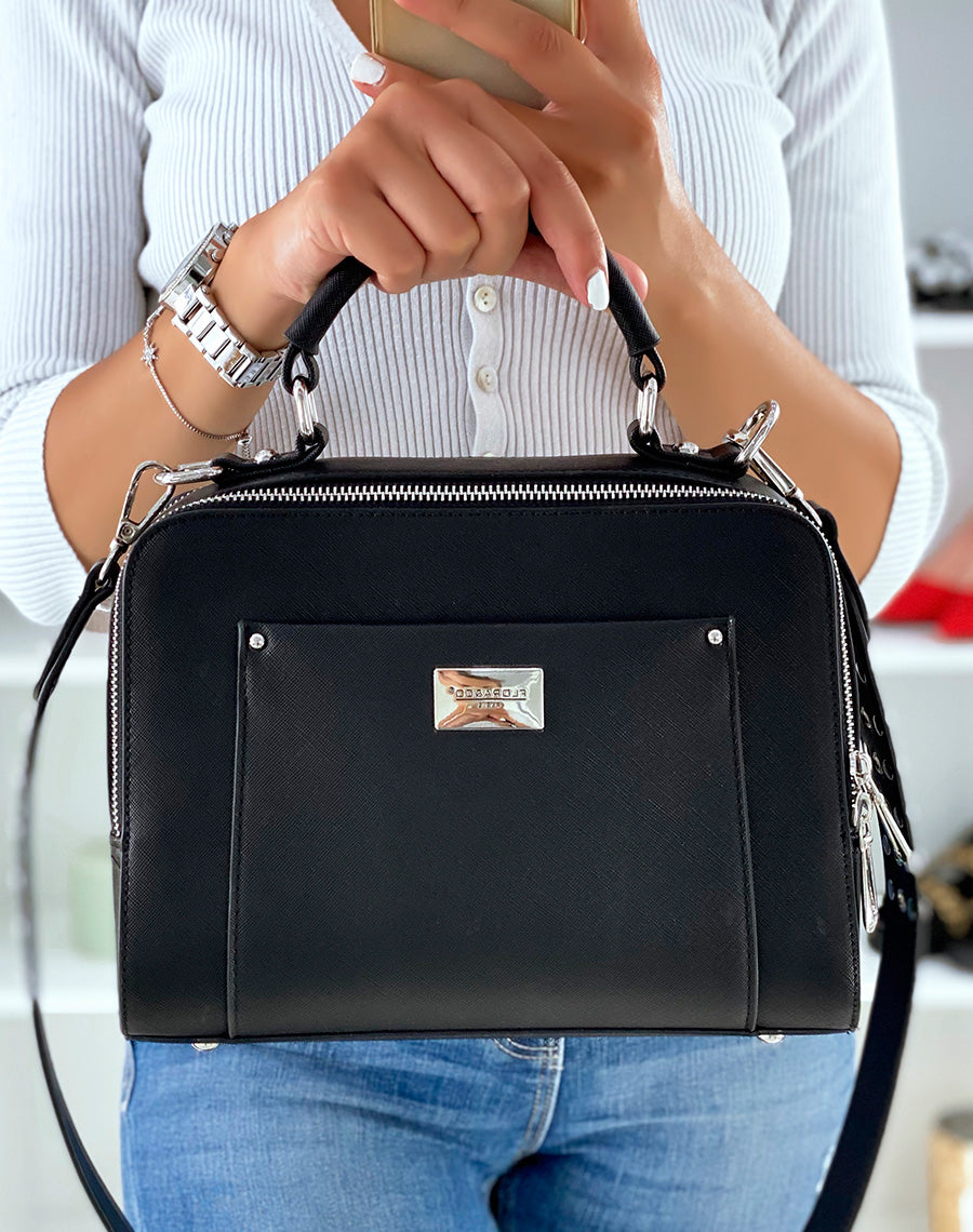 Sac à main noir style cartable à double poche