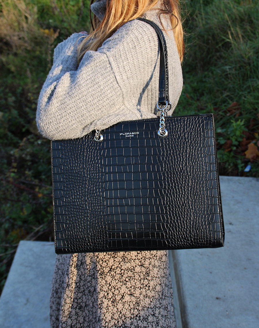 Sac à main noir type cabat effet croco