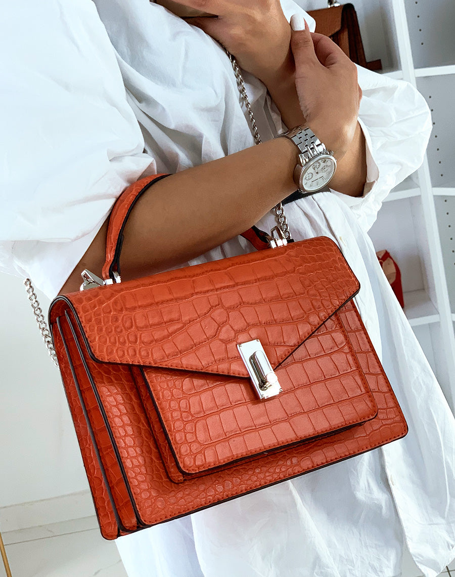 Sac à main orange effet croco