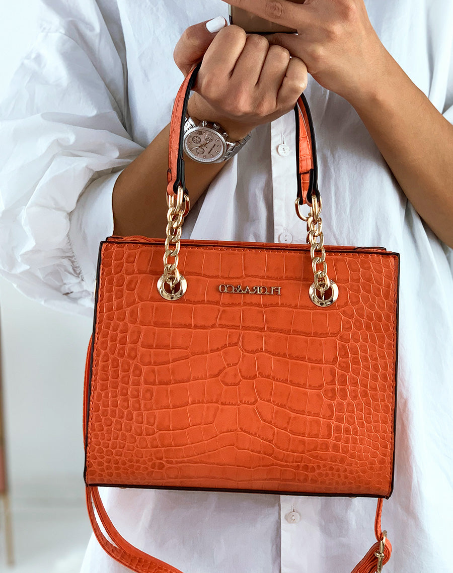 Sac à main orange effet croco à chaînes dorées
