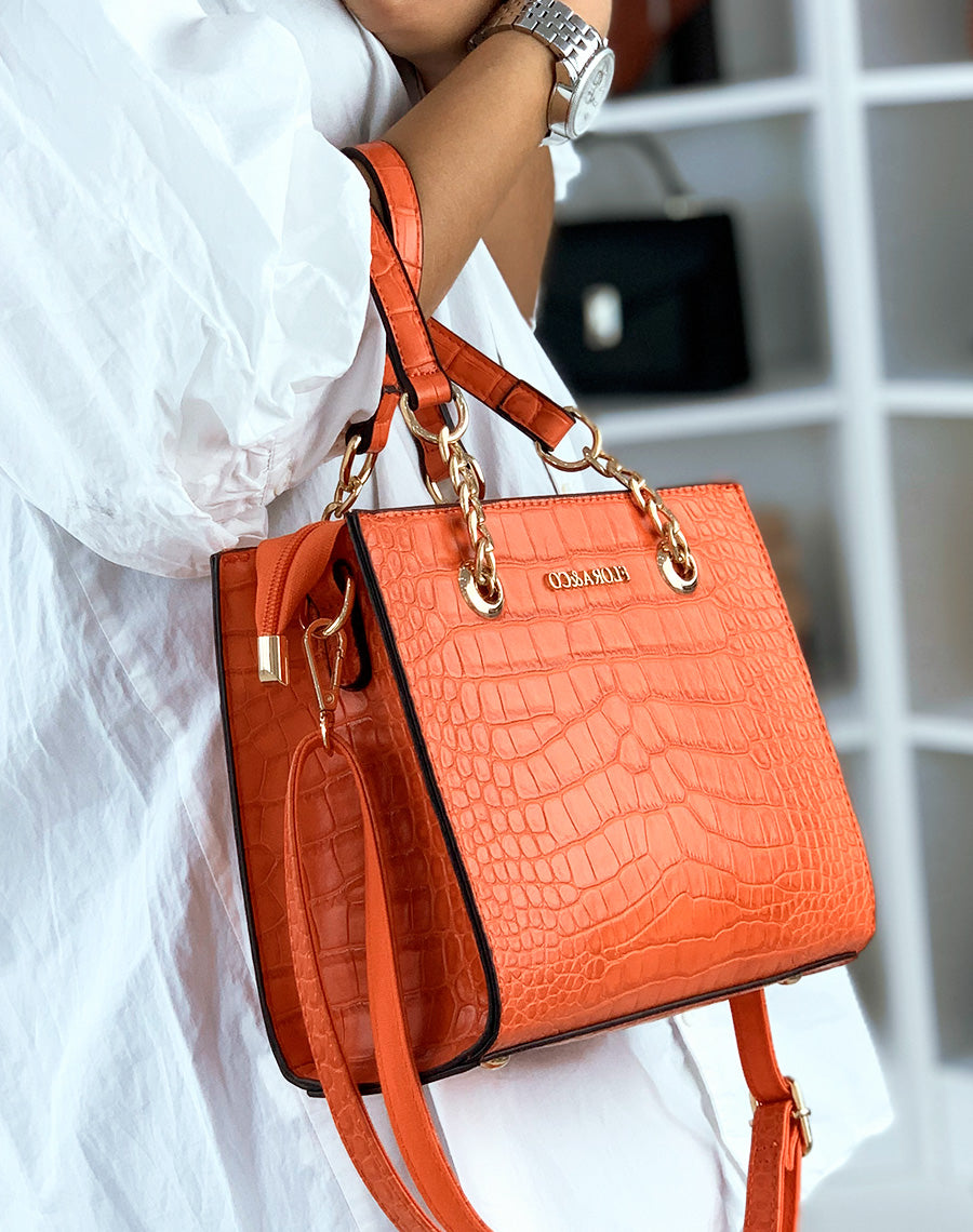 Sac à main orange effet croco à chaînes dorées