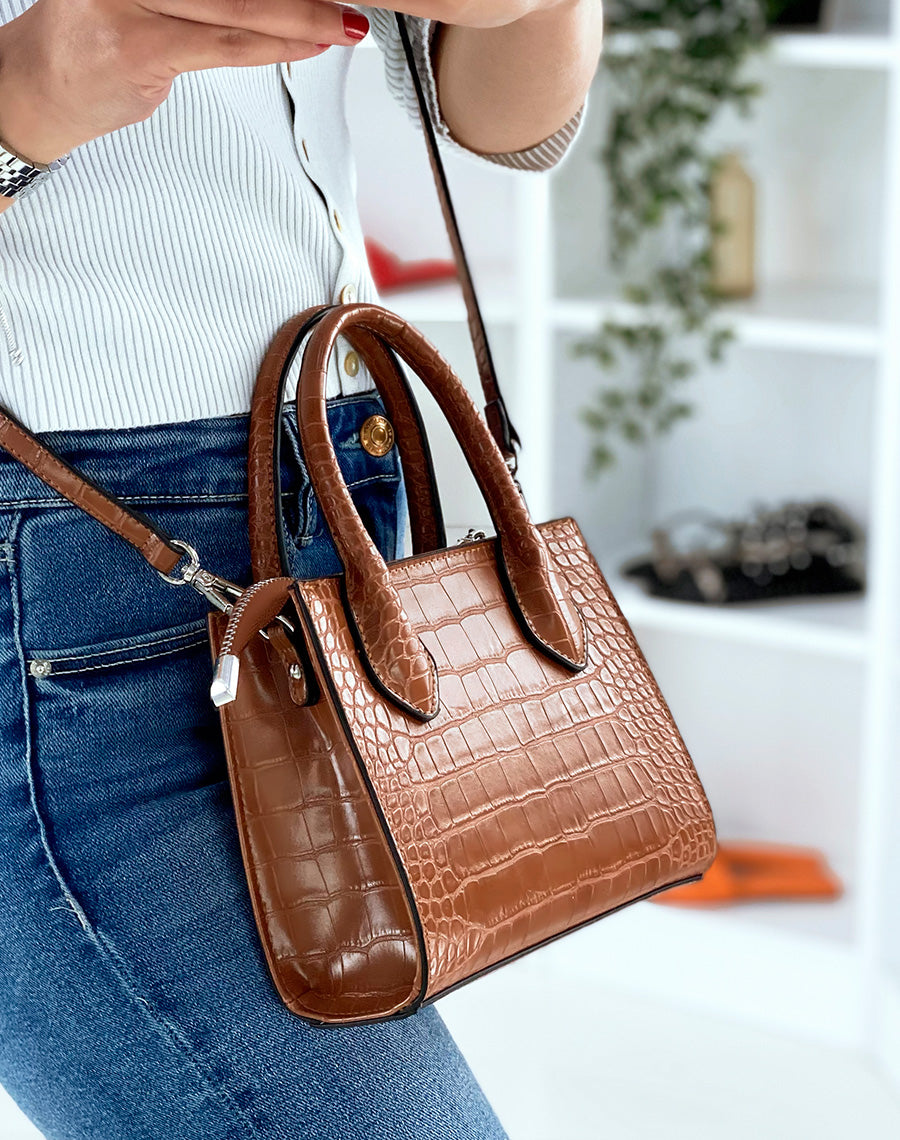Sac à main petit camel effet croco