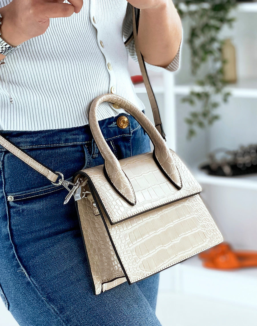Sac à main petit trapèze beige effet croco