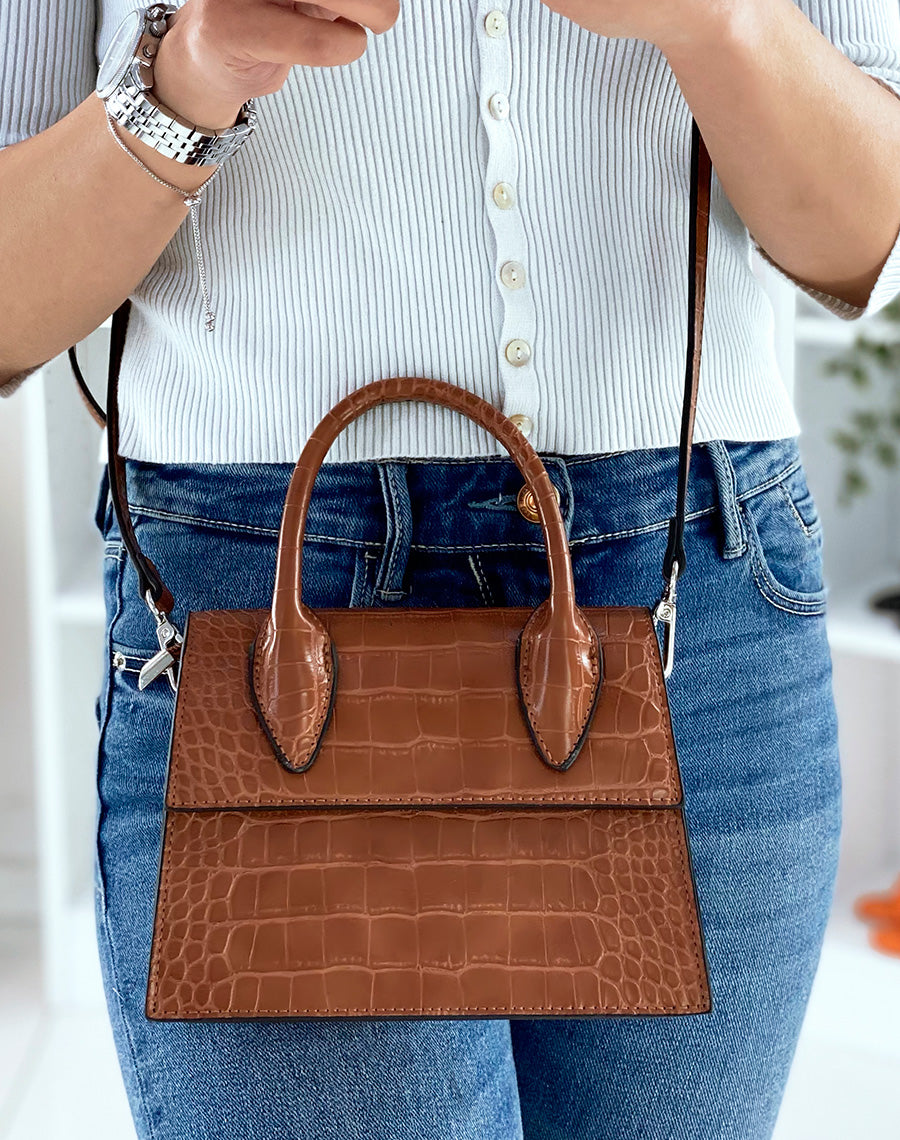 Sac à Main Vintage LAURAIN En Cuir Et Croco - Forme Trapèze Marron, Occasion Très Bon état