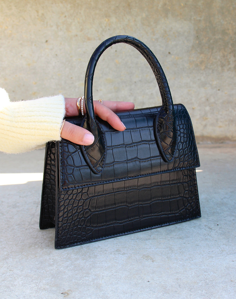 Sac à main petit trapèze noir effet croco
