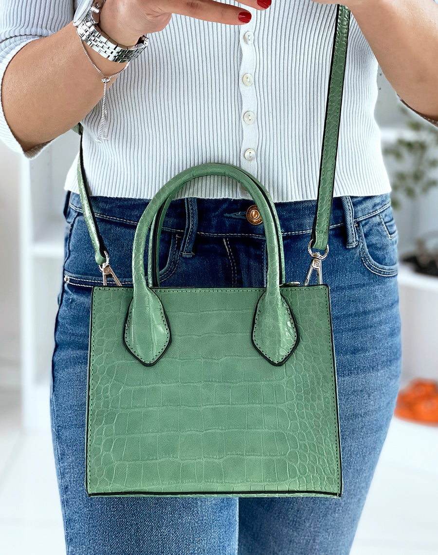Sac à main petit vert d’eau effet croco