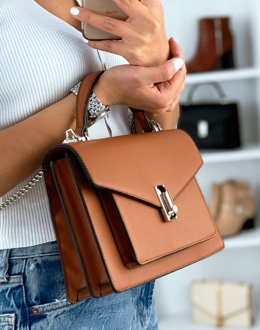 Sac à main style cartable camel