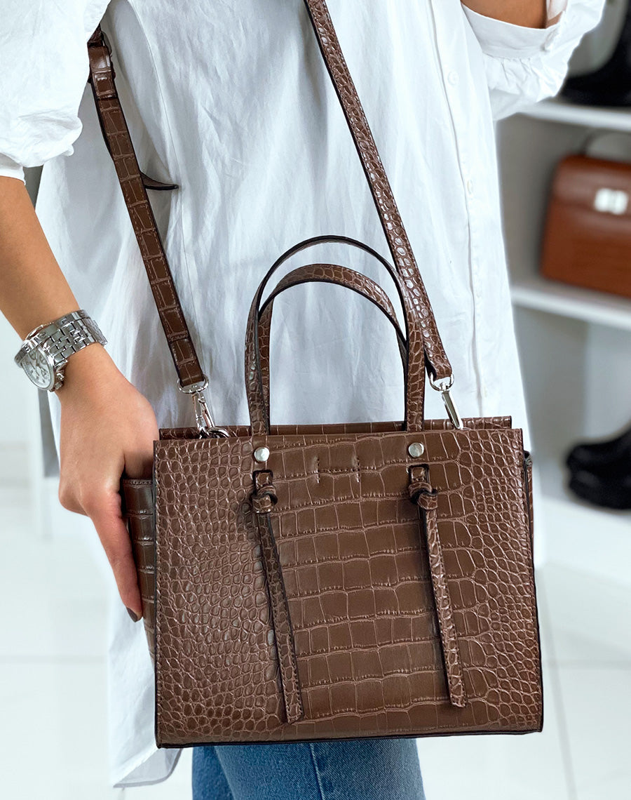 Sac à main taupe effet croco