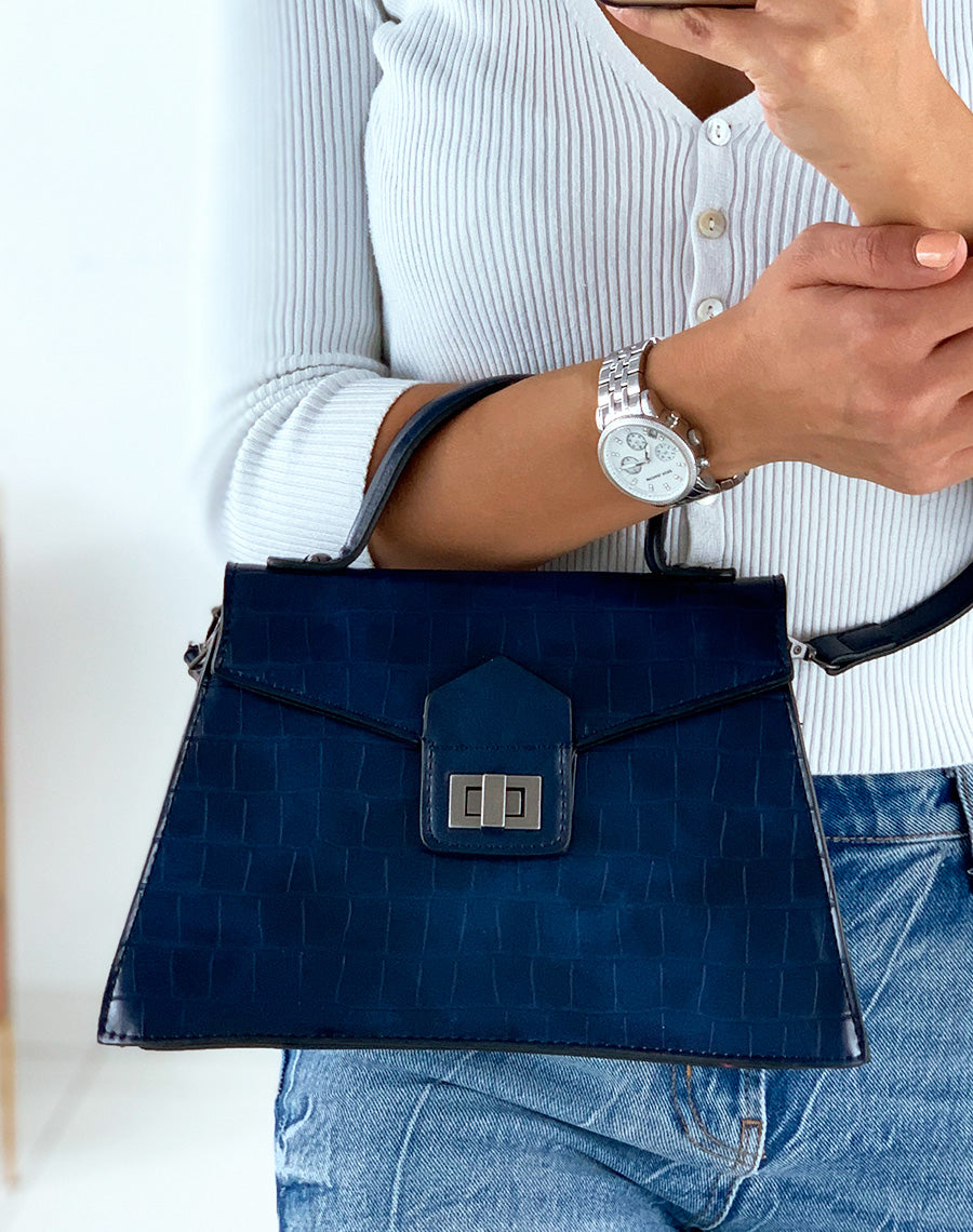Sac à main trapèze bleu effet croco