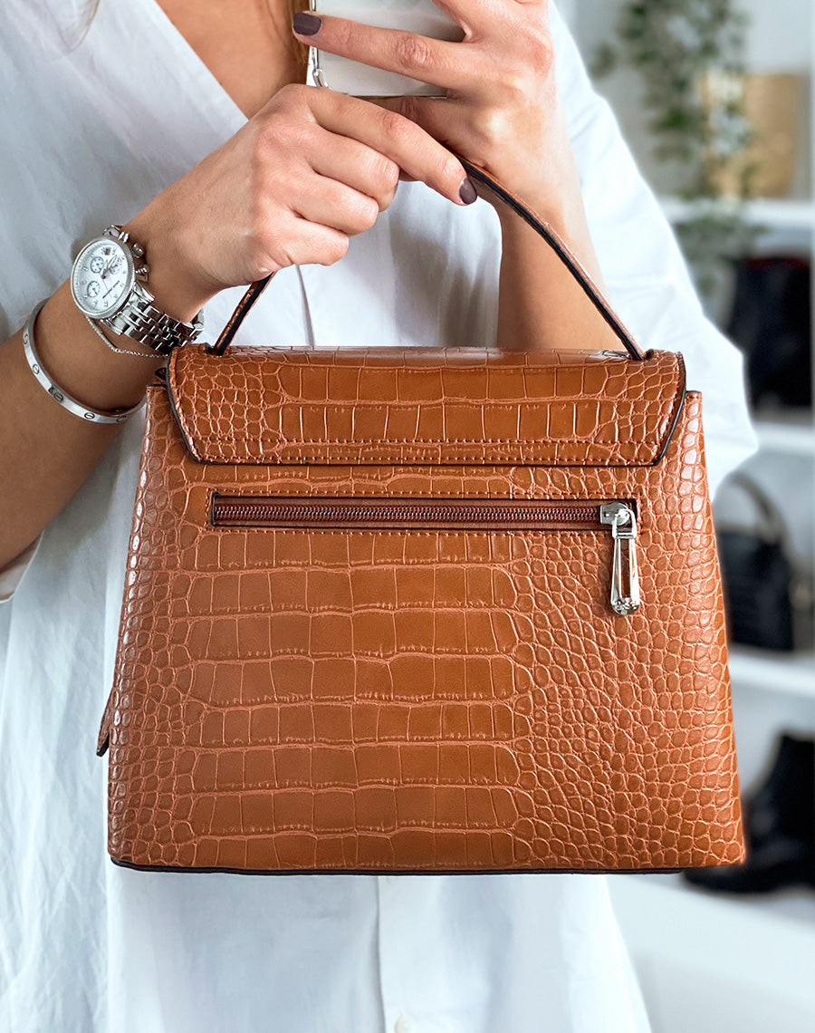 Sac à main trapèze effet croco camel