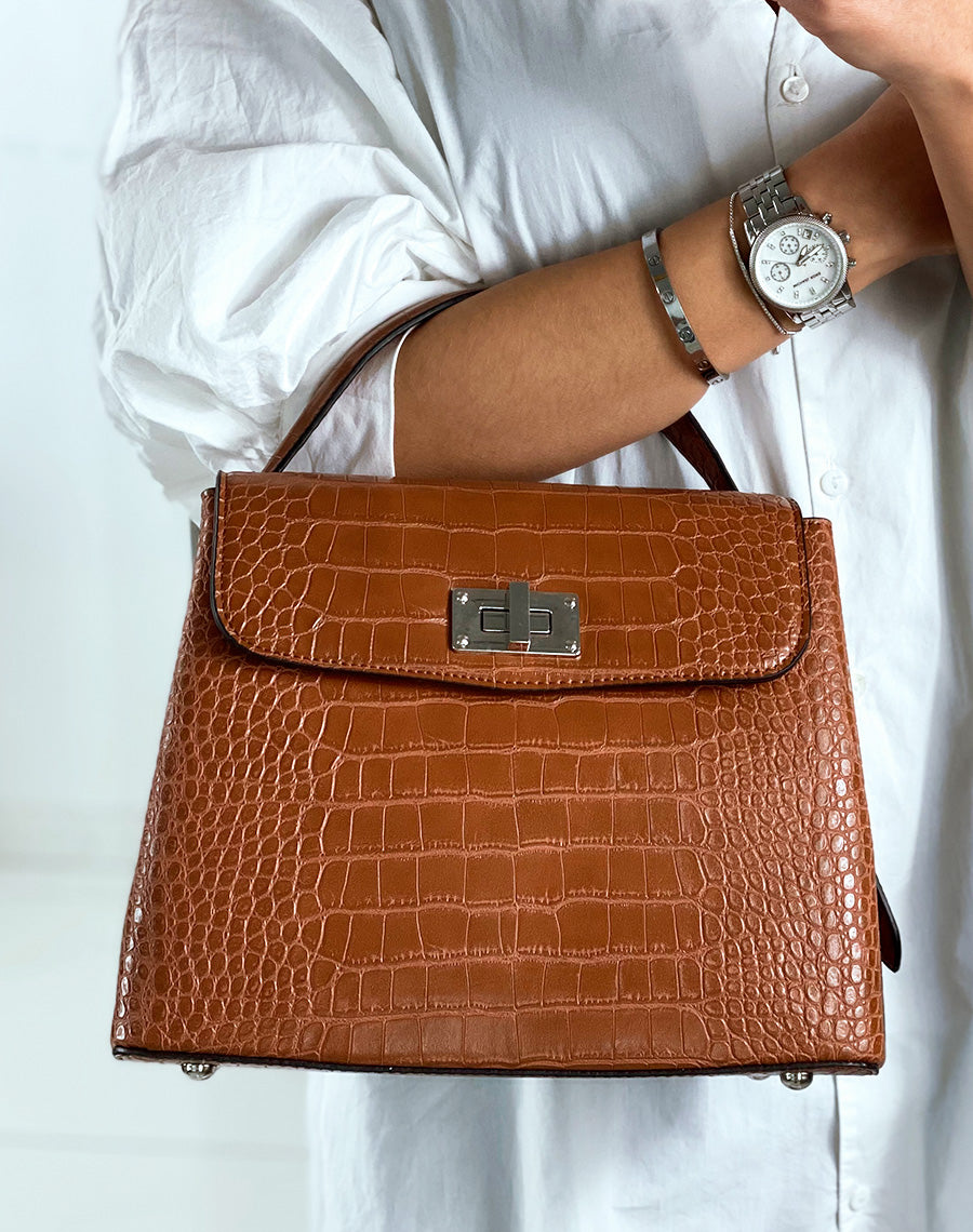 Sac à main trapèze effet croco camel