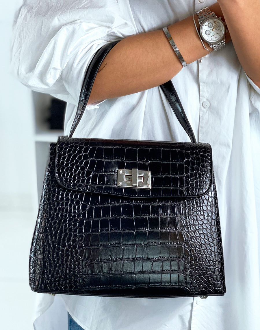 Sac à main trapèze effet croco noir