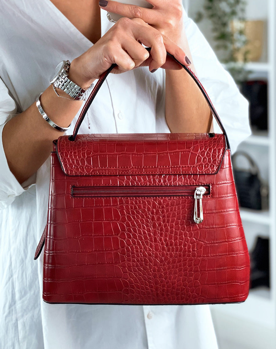 Sac à main trapèze effet croco rouge