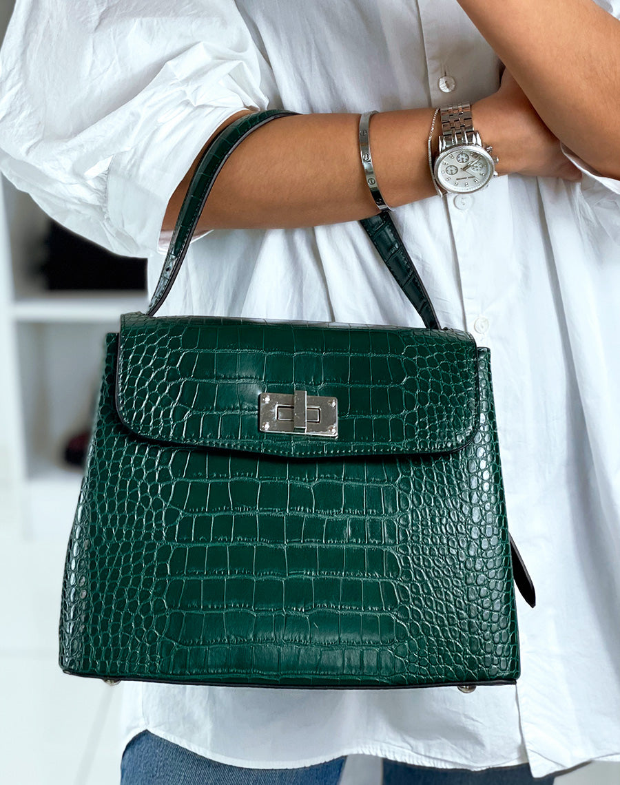 Sac à main trapèze effet croco vert