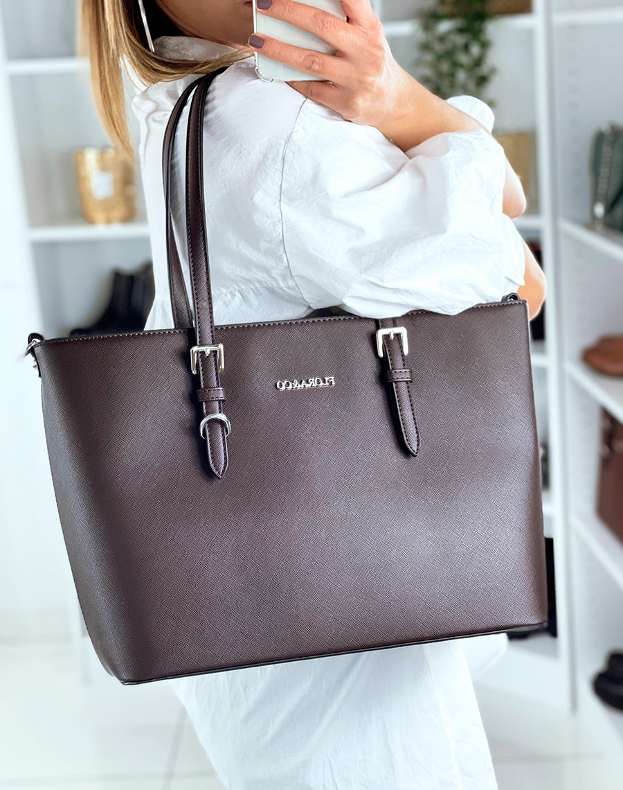 Sac à main type cabas chocolat en simili cuir