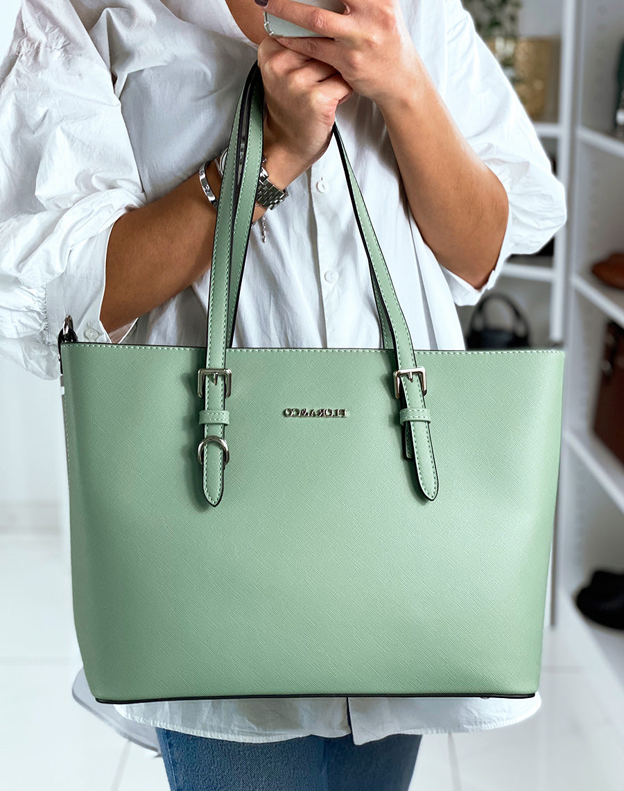 Sac à main type cabas vert d’eau en simili cuir