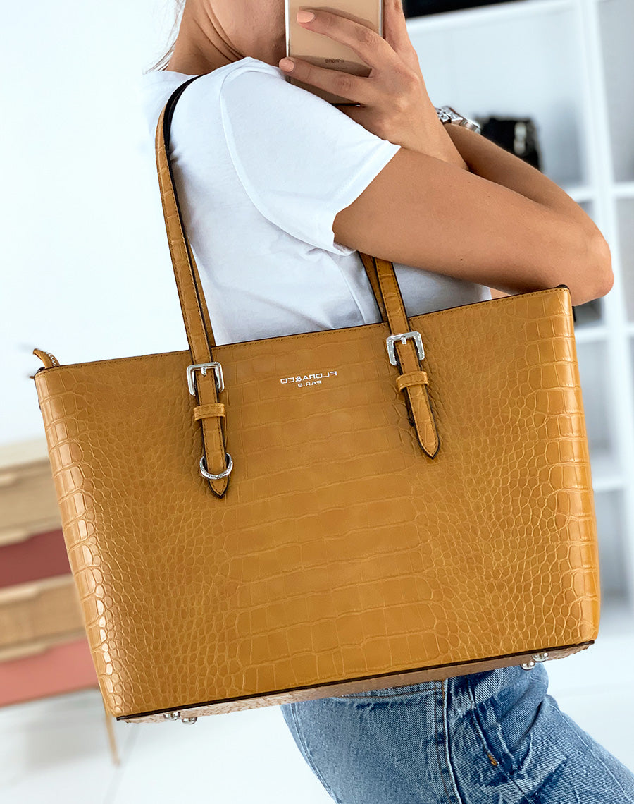 Sac à main type cabat moutarde effet croco