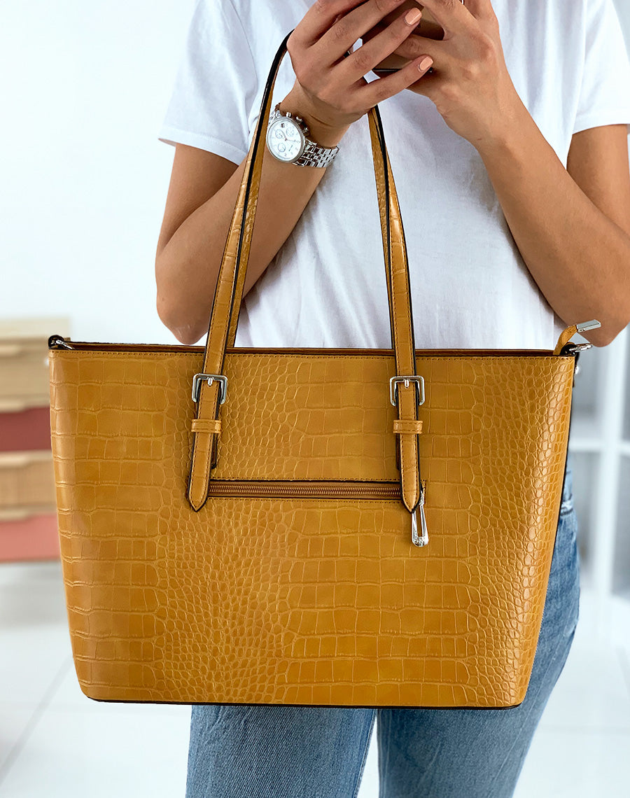 Sac à main type cabat moutarde effet croco