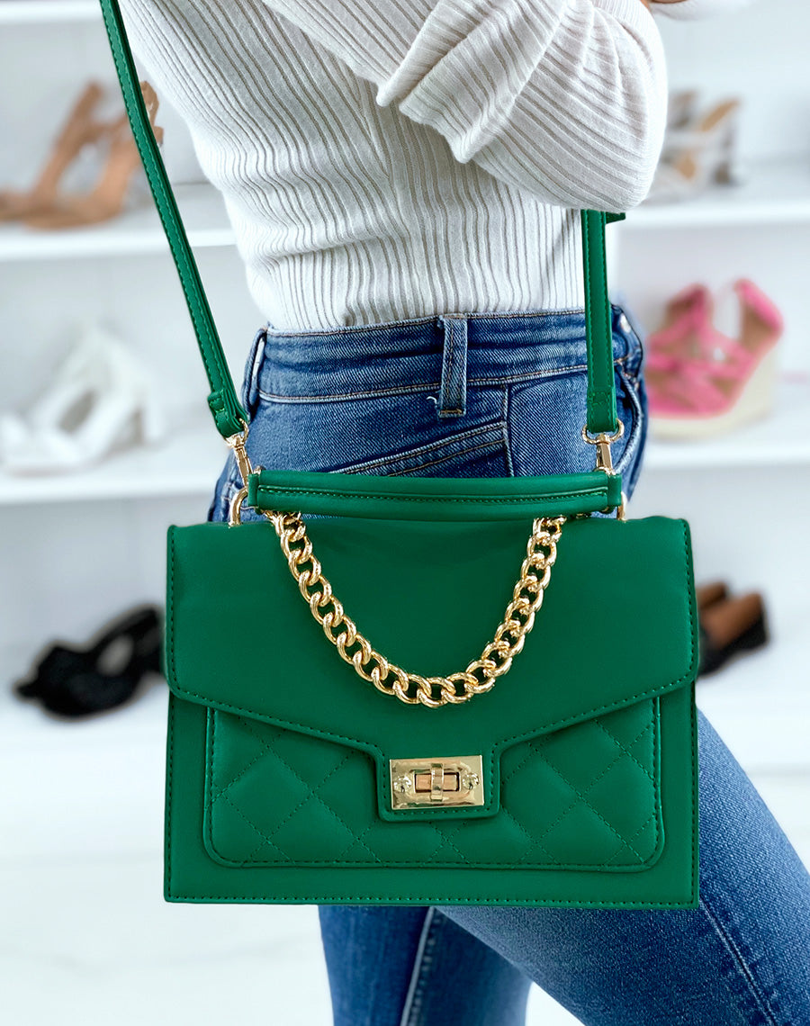 Sac à main vert style cartable à chaîne dorée