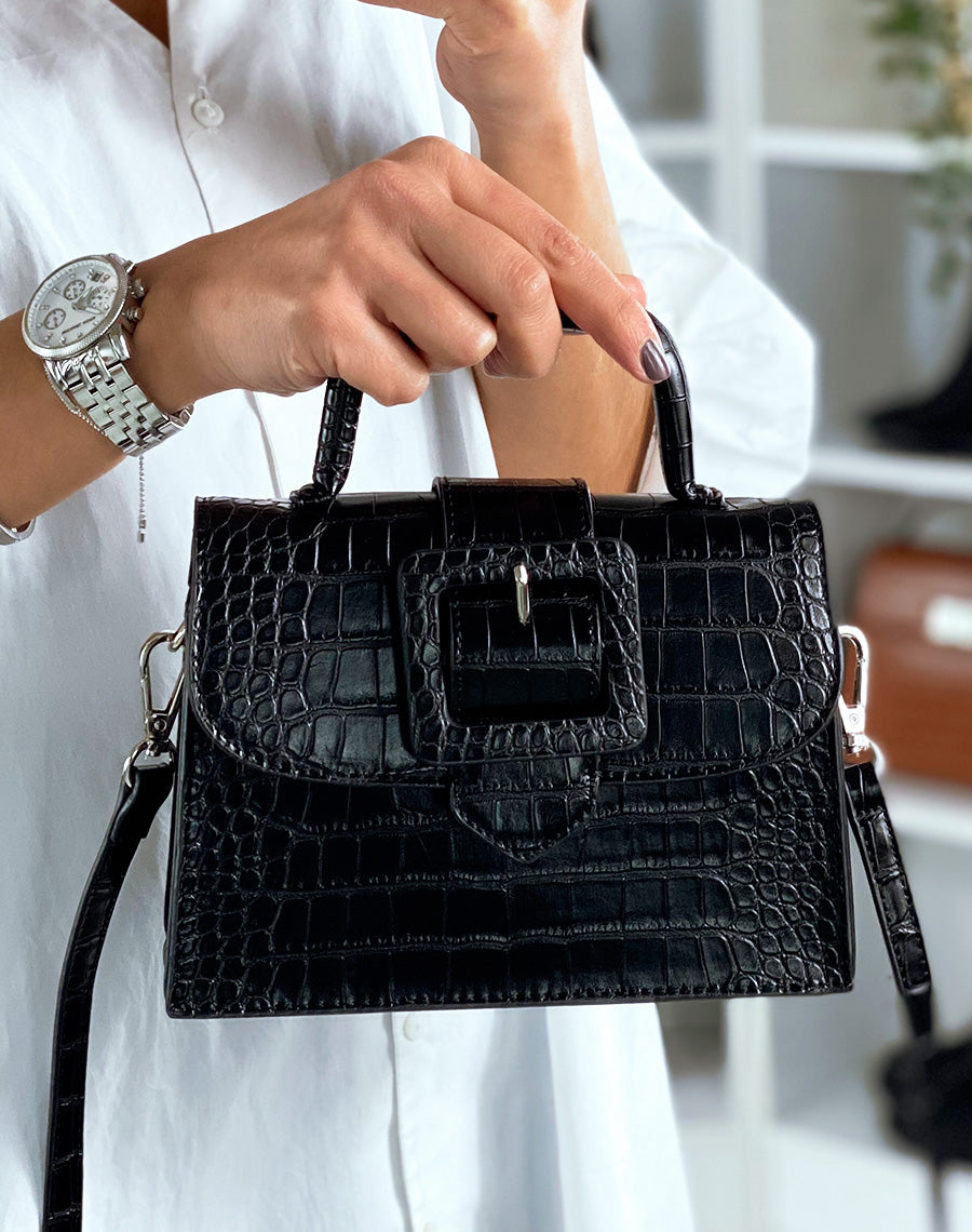 Sac mini noir effet croco à sangle carré