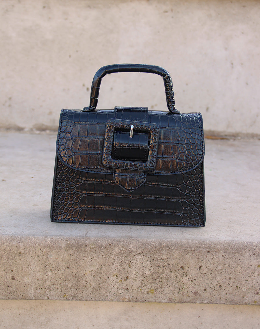 Sac mini noir effet croco à sangle carré