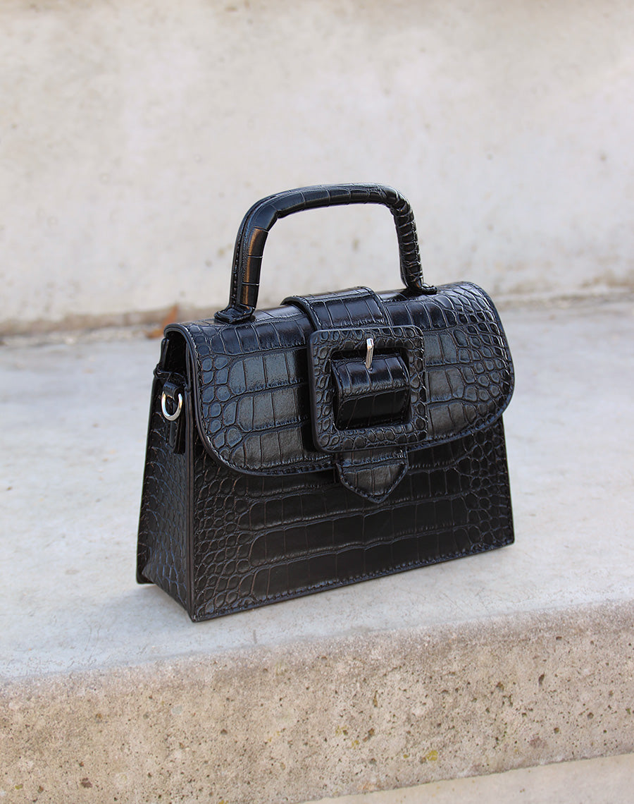 Sac mini noir effet croco à sangle carré - Main Image