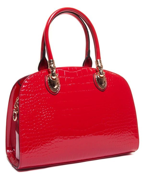 Sac rouge vernis croco avec détails métalliques dorés 