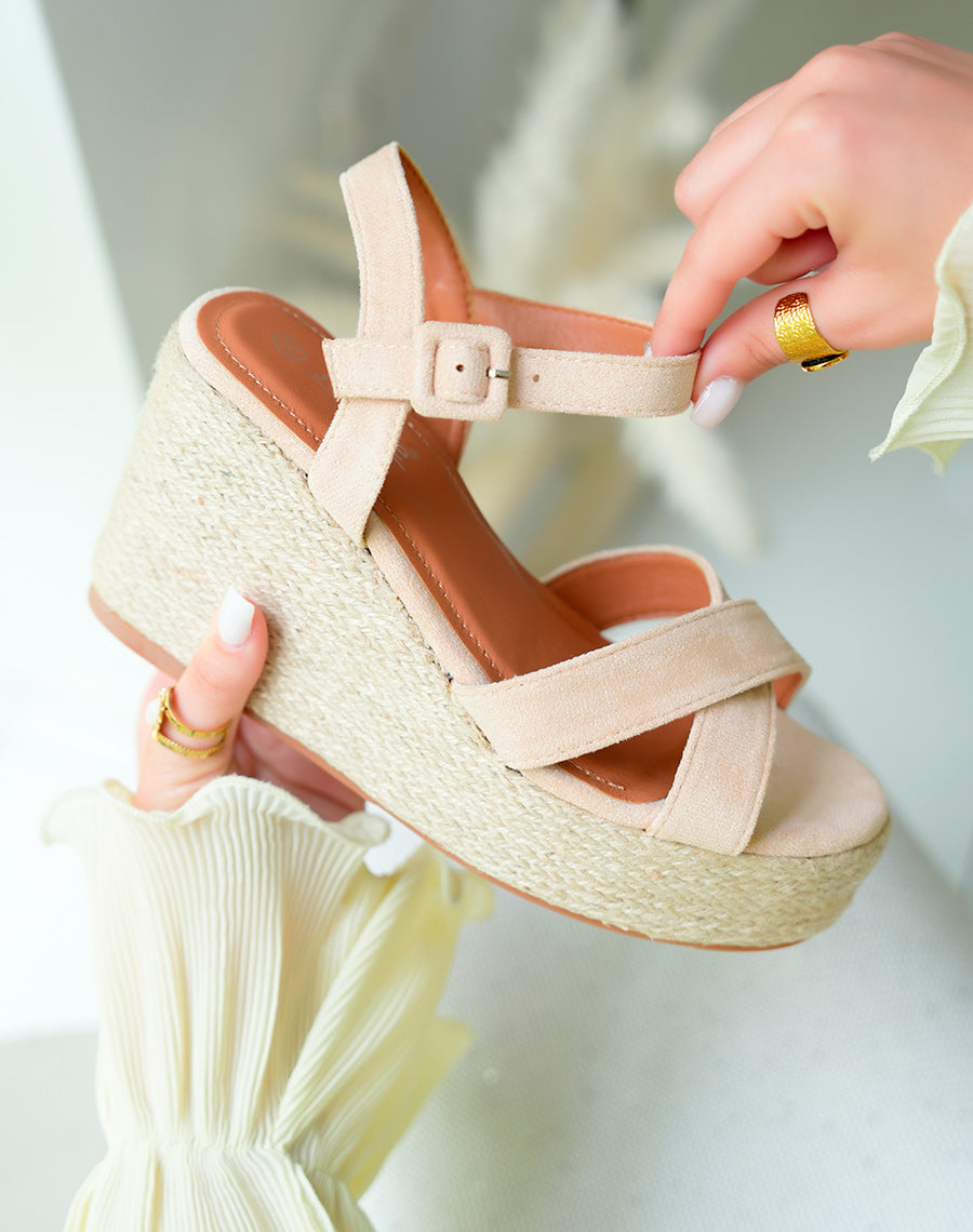 Sandales Compensées Beige Élégantes avec Bride Entrecroisée pour Femme