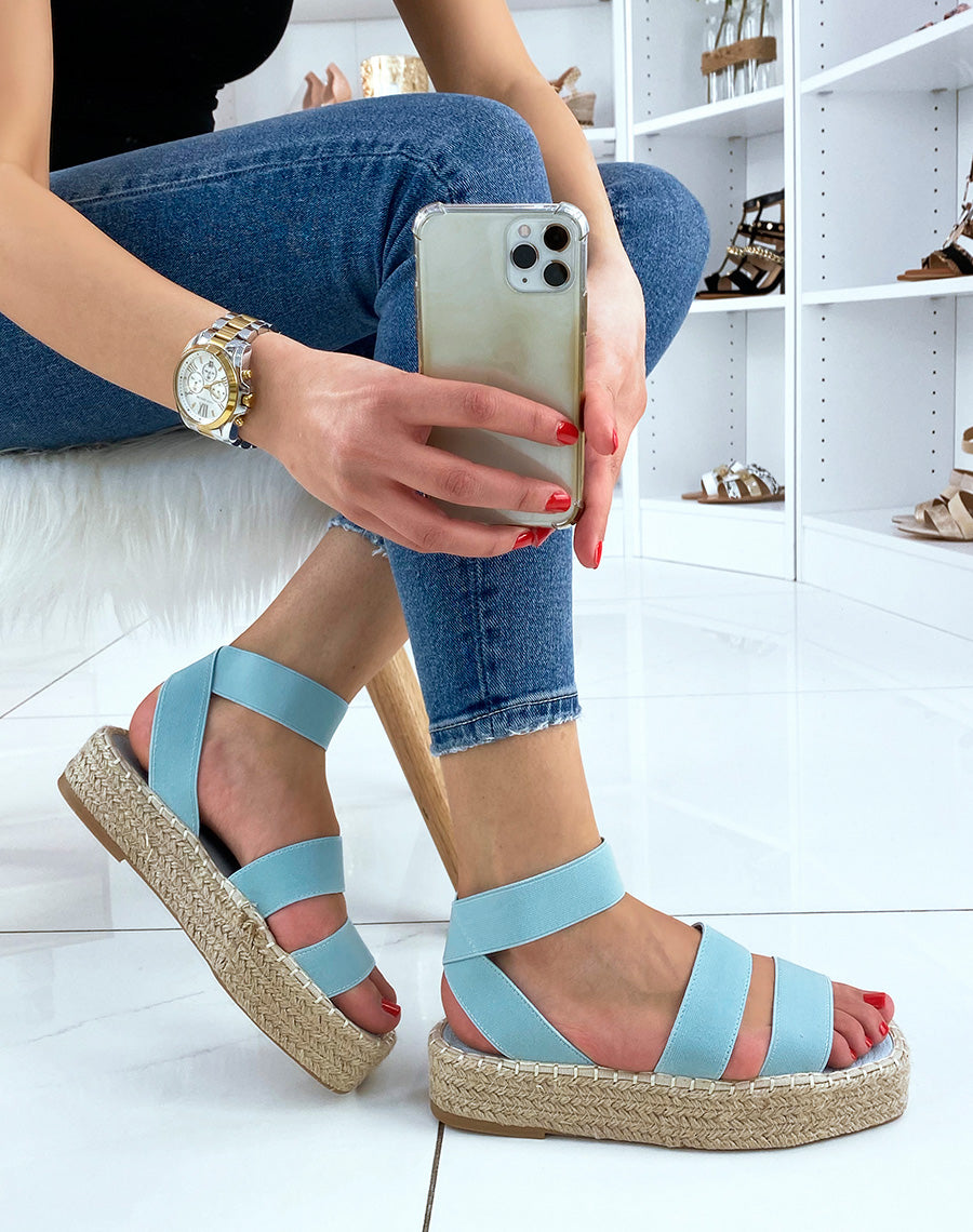 Sandales compensées bleues à brides élastiques