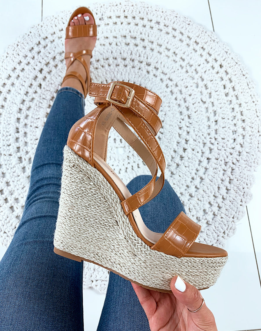 Sandales compensées camel croco