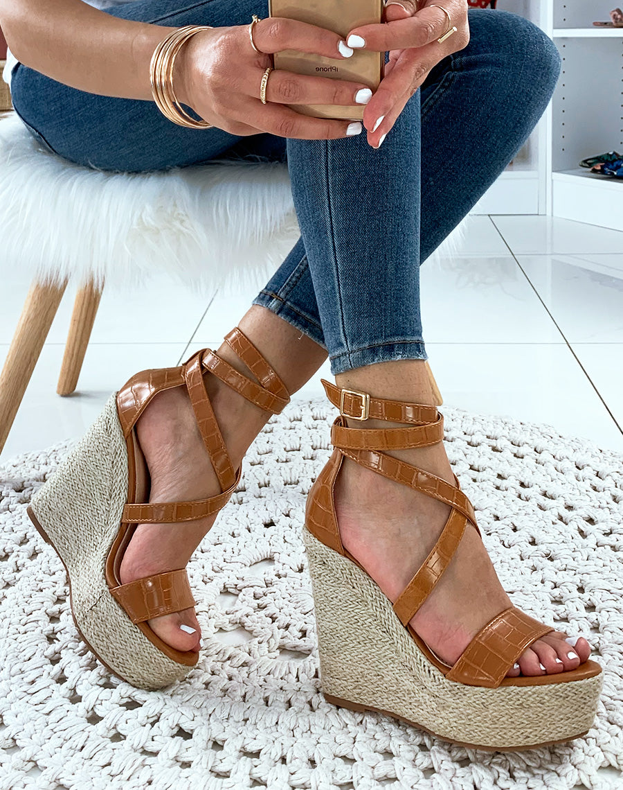 Sandales compensées camel croco