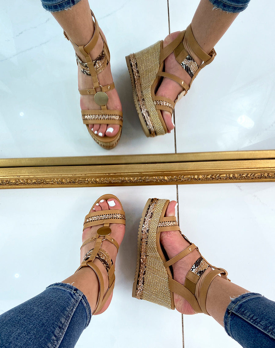 Sandales compensées camel et rose gold