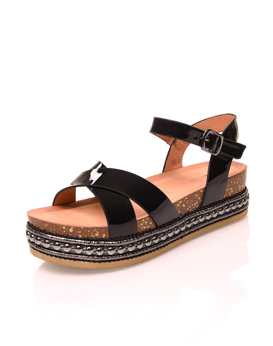 Sandales compensées noires effet métallique