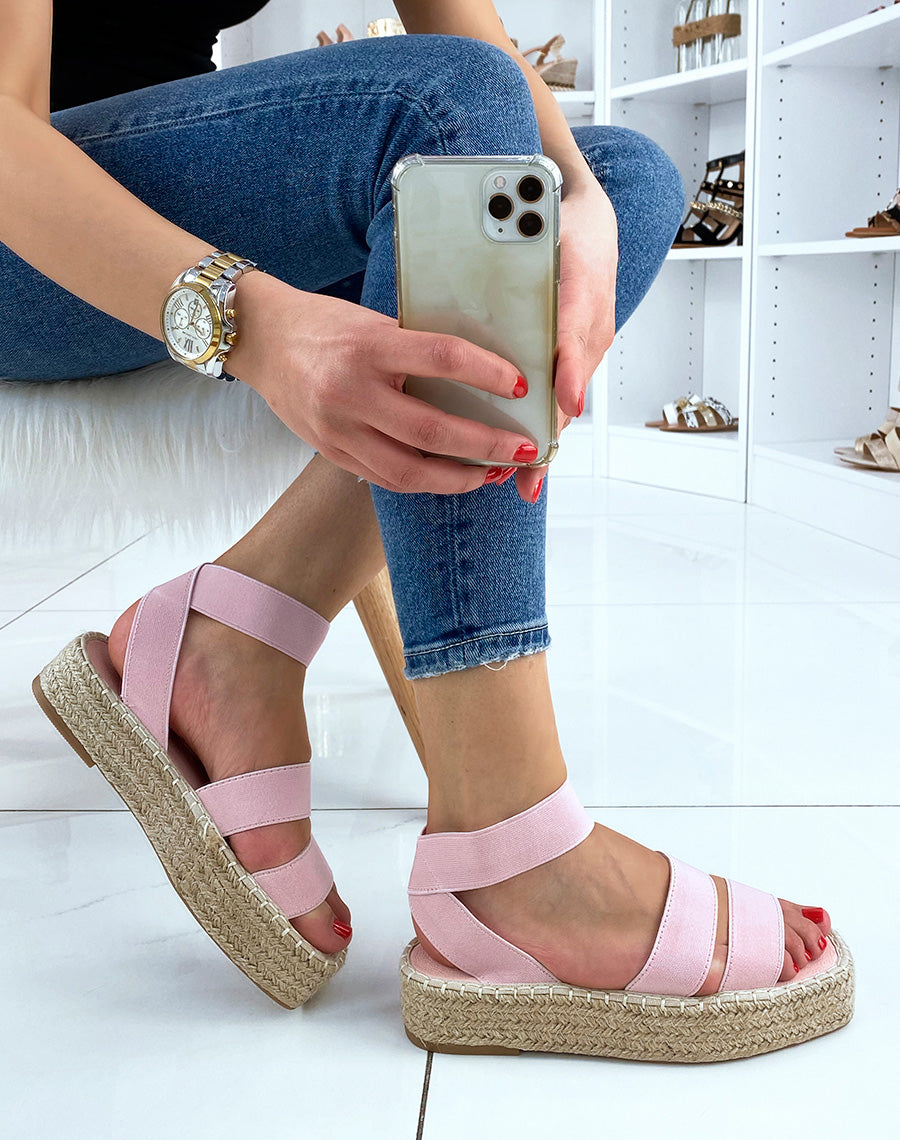 Sandales compensées roses à brides élastiques