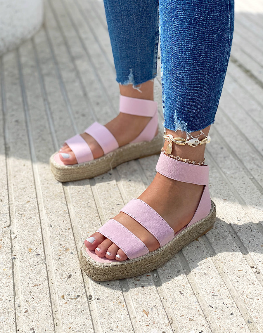 Sandales compensées roses à brides élastiques