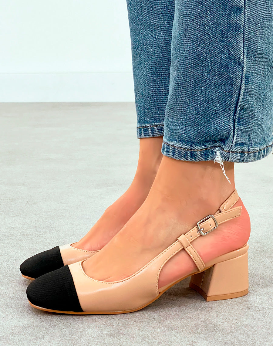 Sandales Femme Beiges à Talon Épais et Bout Noir Élégance Naturelle