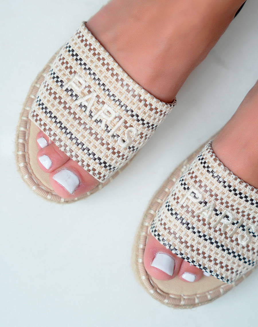Sandales femme compensées effet tissé beige et marron avec lanière ajustable